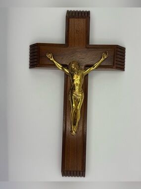Vintage Catholic Sick Call Crucifix Hidden Compartment Walnut Wall Cross